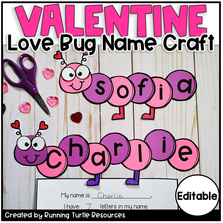 Valentine love bug name craft with scissors and heart decorations on a wooden background