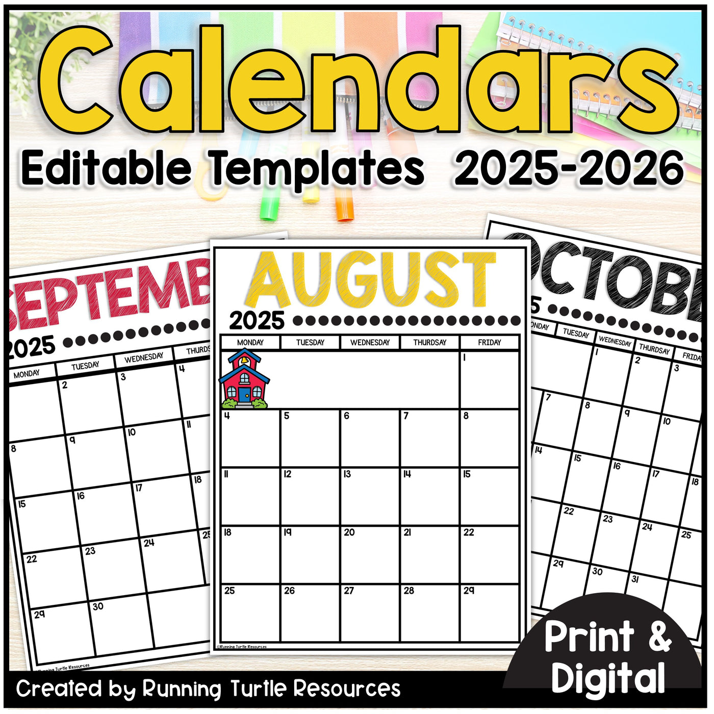 Editable calendar templates for 2026-2027 with colorful headers and a schoolhouse icon.