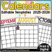 Editable calendar templates for 2026-2027 with colorful headers and a schoolhouse icon.