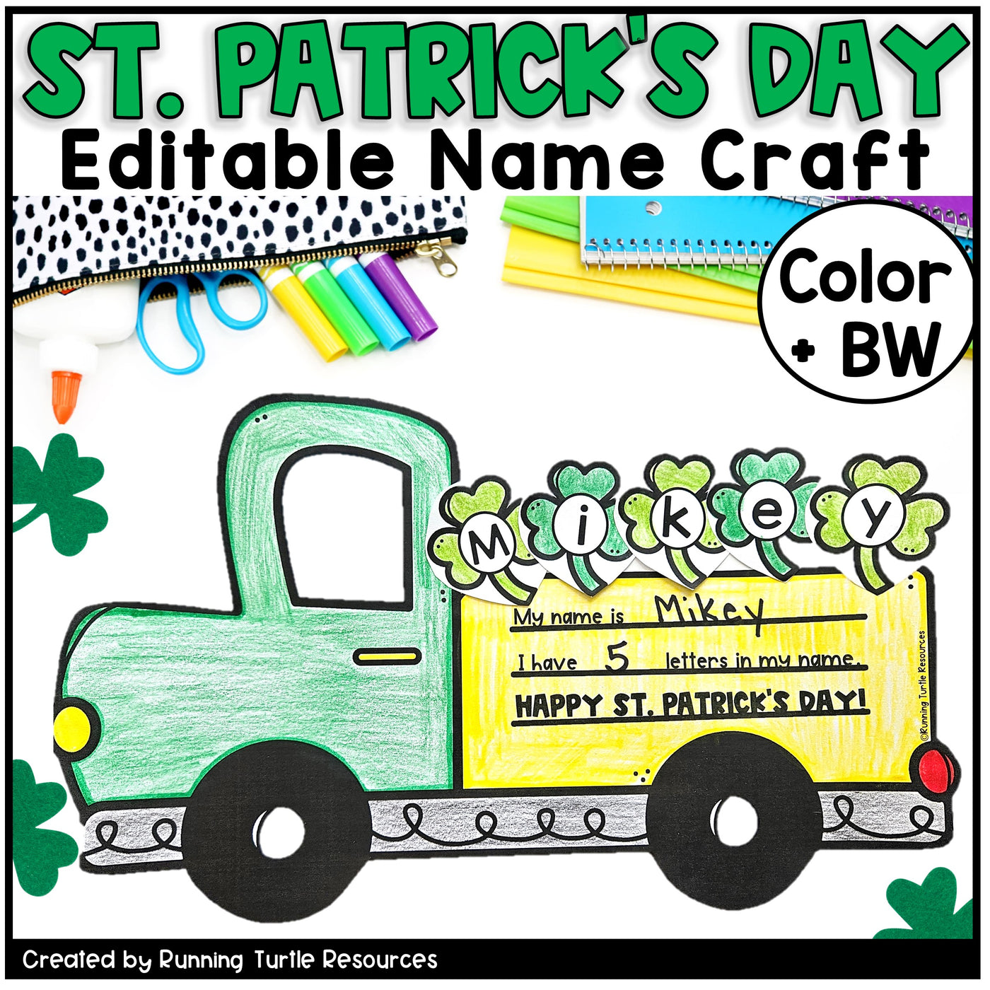 St. Patrick's Day-themed name craft with a truck design, colorful tools, and text.
