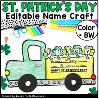 St. Patrick's Day-themed name craft with a truck design, colorful tools, and text.