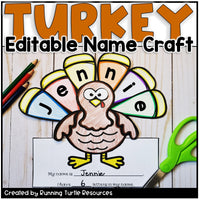 Turkey name craft with colorful feathers and editing tools on a wooden background