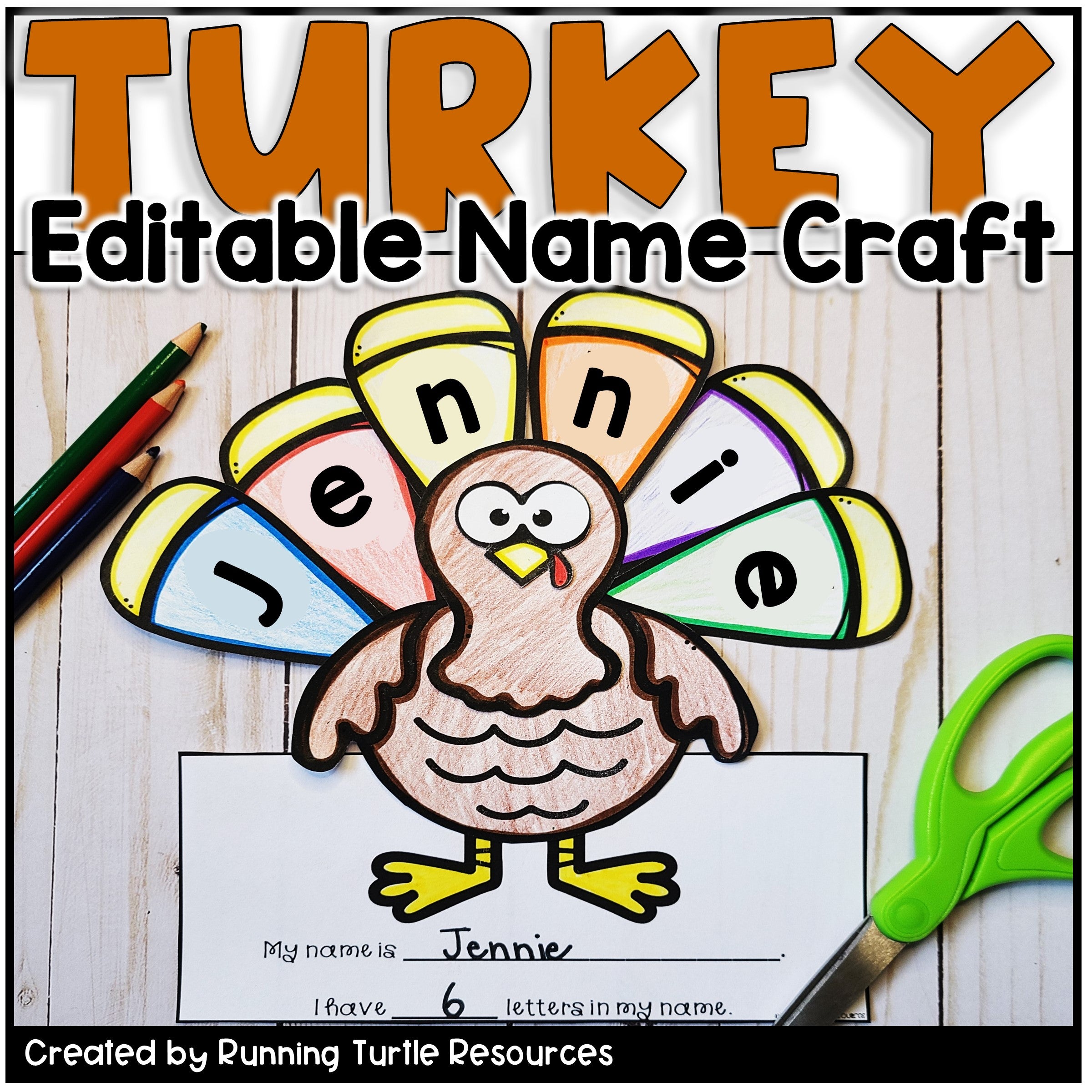 Turkey name craft with colorful feathers and editing tools on a wooden background
