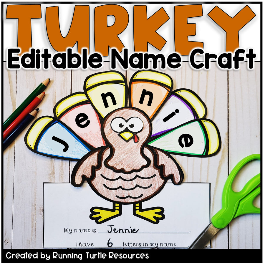 Turkey name craft with colorful feathers and editing tools on a wooden background