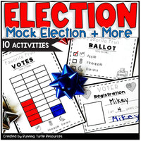A collection of mock election activities for children, including ballots with various topics like favorite fruit and pet, and a mock voter registration card, all designed with colorful graphics and text.