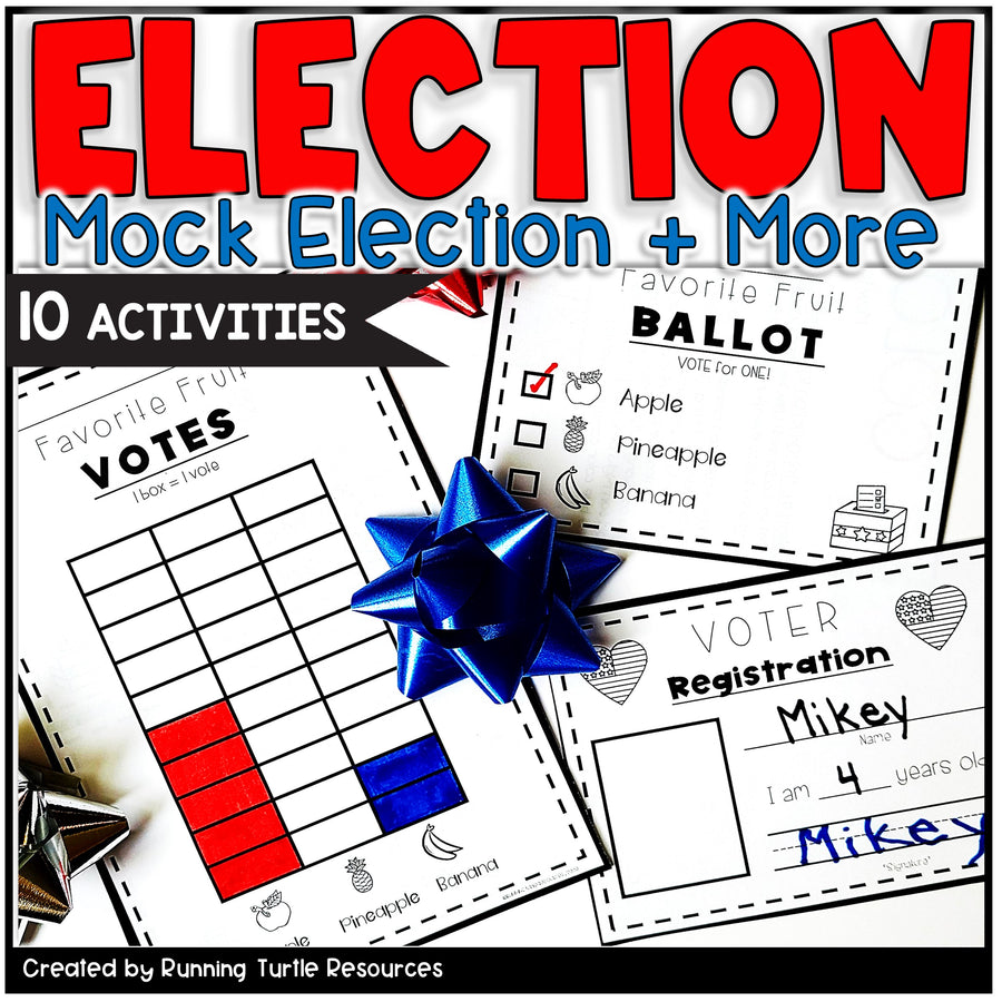 A collection of mock election activities for children, including ballots with various topics like favorite fruit and pet, and a mock voter registration card, all designed with colorful graphics and text.