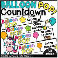 Promotional graphic for 'Balloon Pop Countdown' class games with colorful text and graphics.
