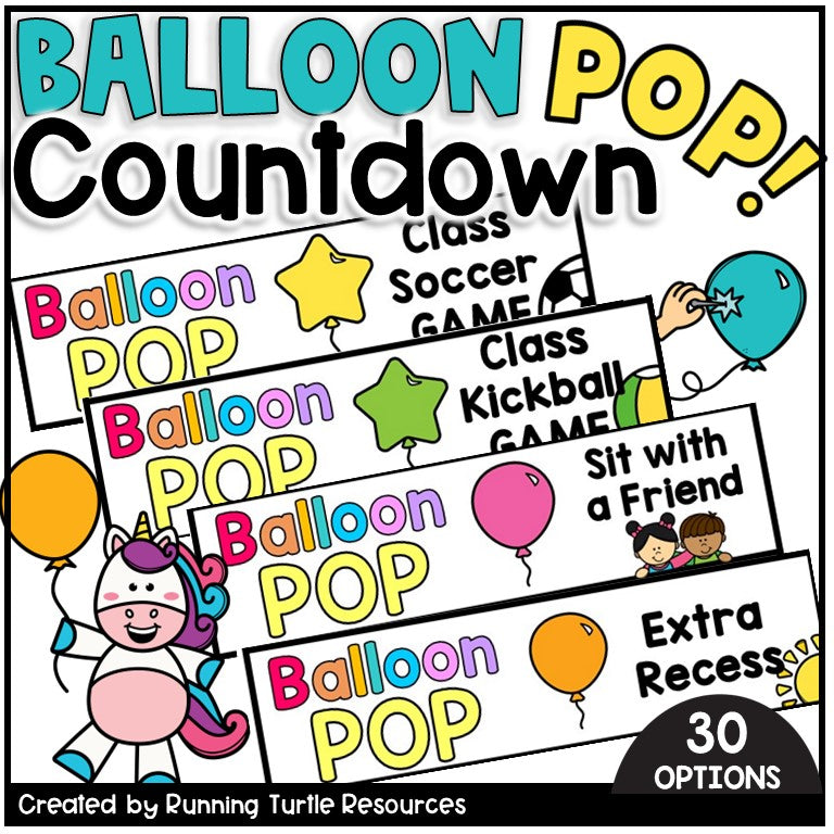 Promotional graphic for 'Balloon Pop Countdown' class games with colorful text and graphics.