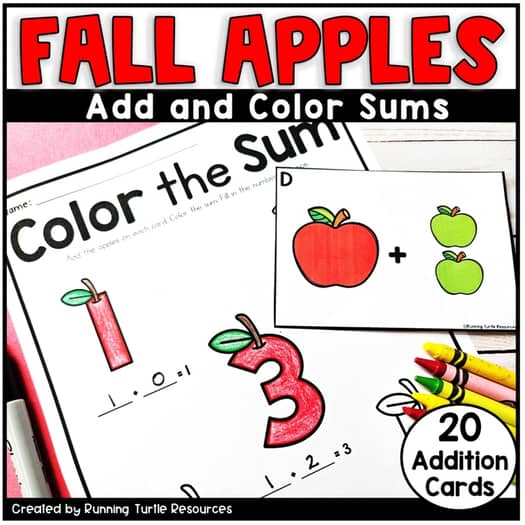 Coloring book page for kindergarten addition with apple-themed graphics and text areas for writing numbers and equations.