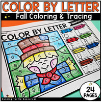 Color by letter activity sheet with a fall theme, featuring a coloring page and tracing activities.