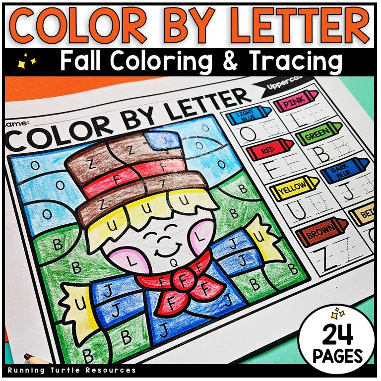 Color by letter activity sheet with a fall theme, featuring a coloring page and tracing activities.