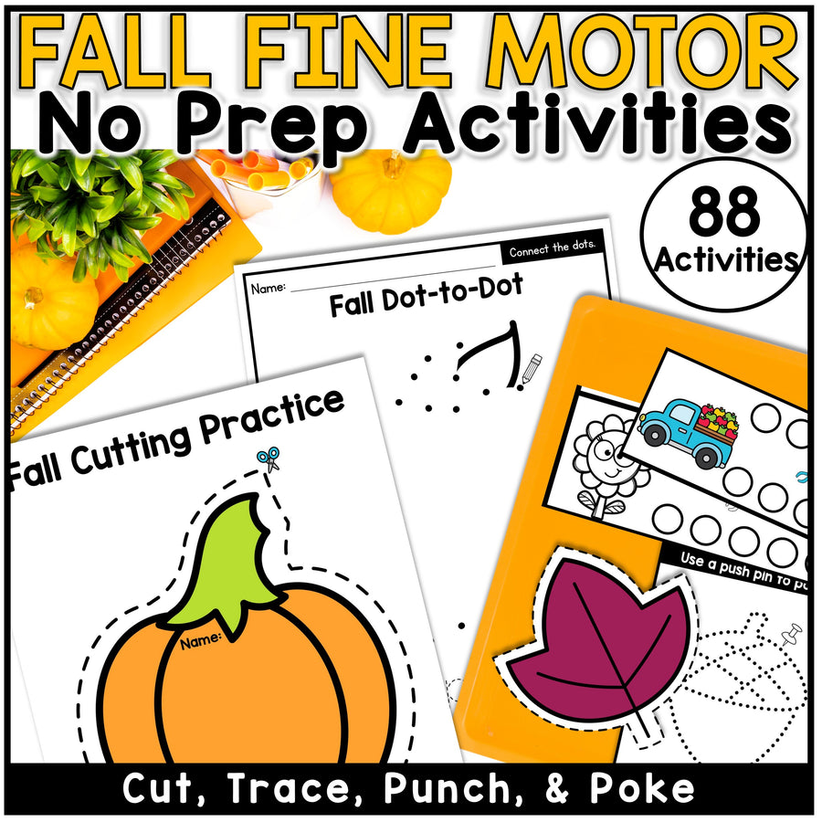 Educational materials for fall fine motor activities with pumpkins and leaves.