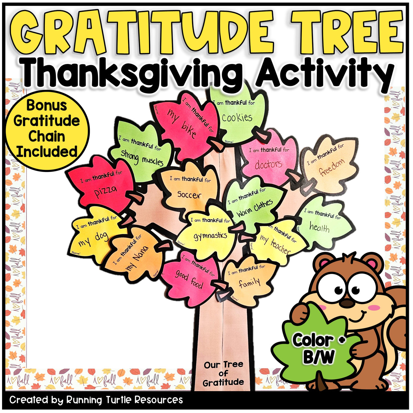 Thanksgiving gratitude tree activity with colorful leaves and a cartoon squirrel, featuring text about the activity and additional resources.