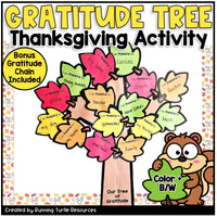 Thanksgiving gratitude tree activity with colorful leaves and a cartoon squirrel, featuring text about the activity and additional resources.