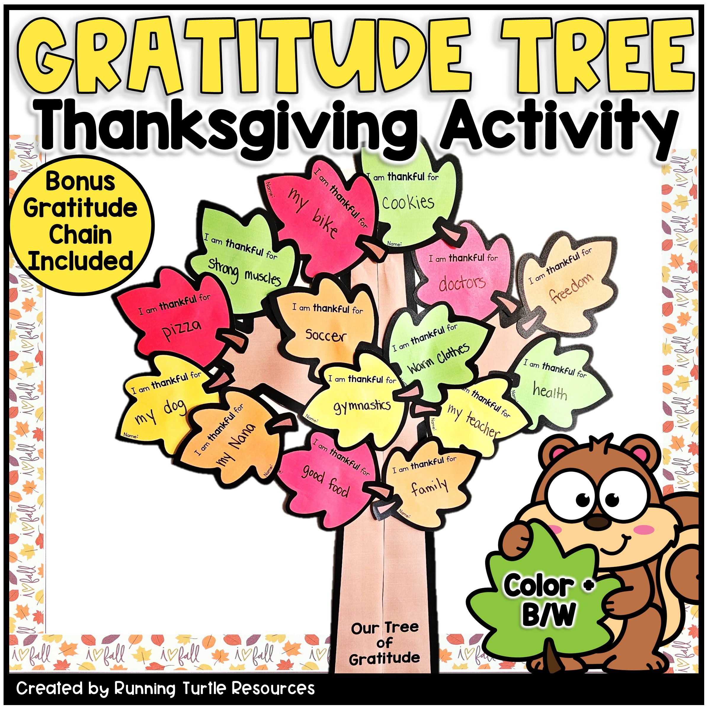 Thanksgiving gratitude tree activity with colorful leaves and a cartoon squirrel, featuring text about the activity and additional resources.