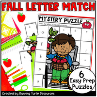 Fall-themed letter matching puzzle game with a child character and educational elements.