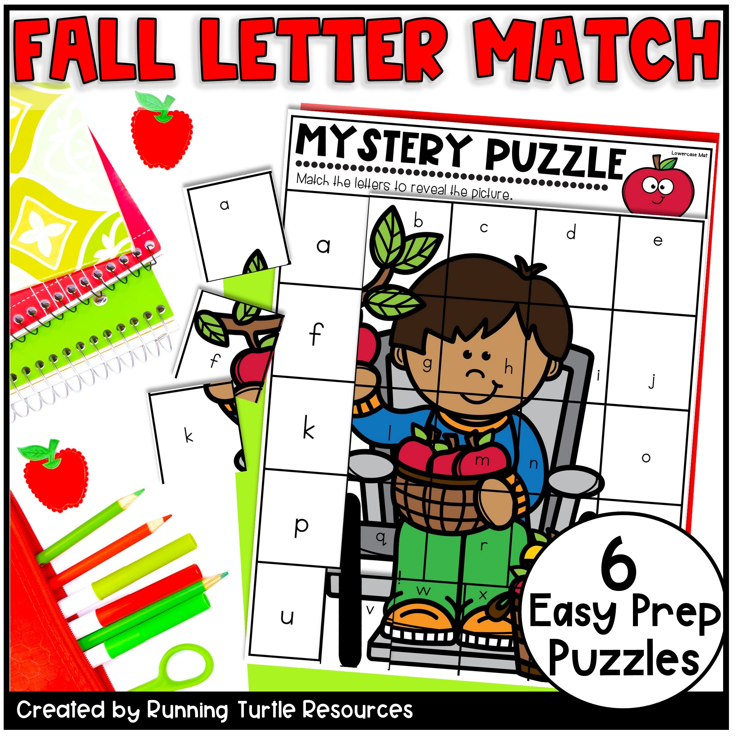 Fall-themed letter matching puzzle game with a child character and educational elements.
