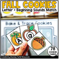A product image featuring Fall Cookie Tray Activities letter tracing cards with colorful illustrations of cookies, apples, and pies.