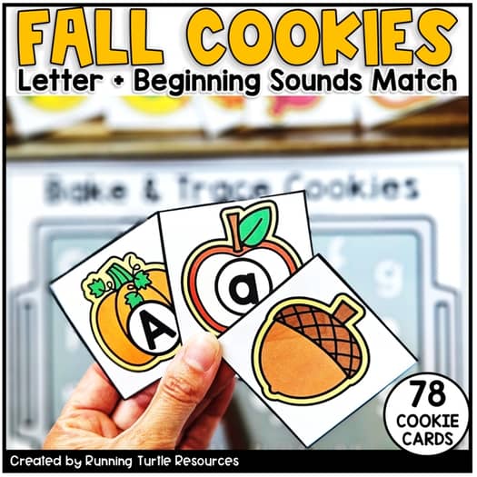 A product image featuring Fall Cookie Tray Activities letter tracing cards with colorful illustrations of cookies, apples, and pies.