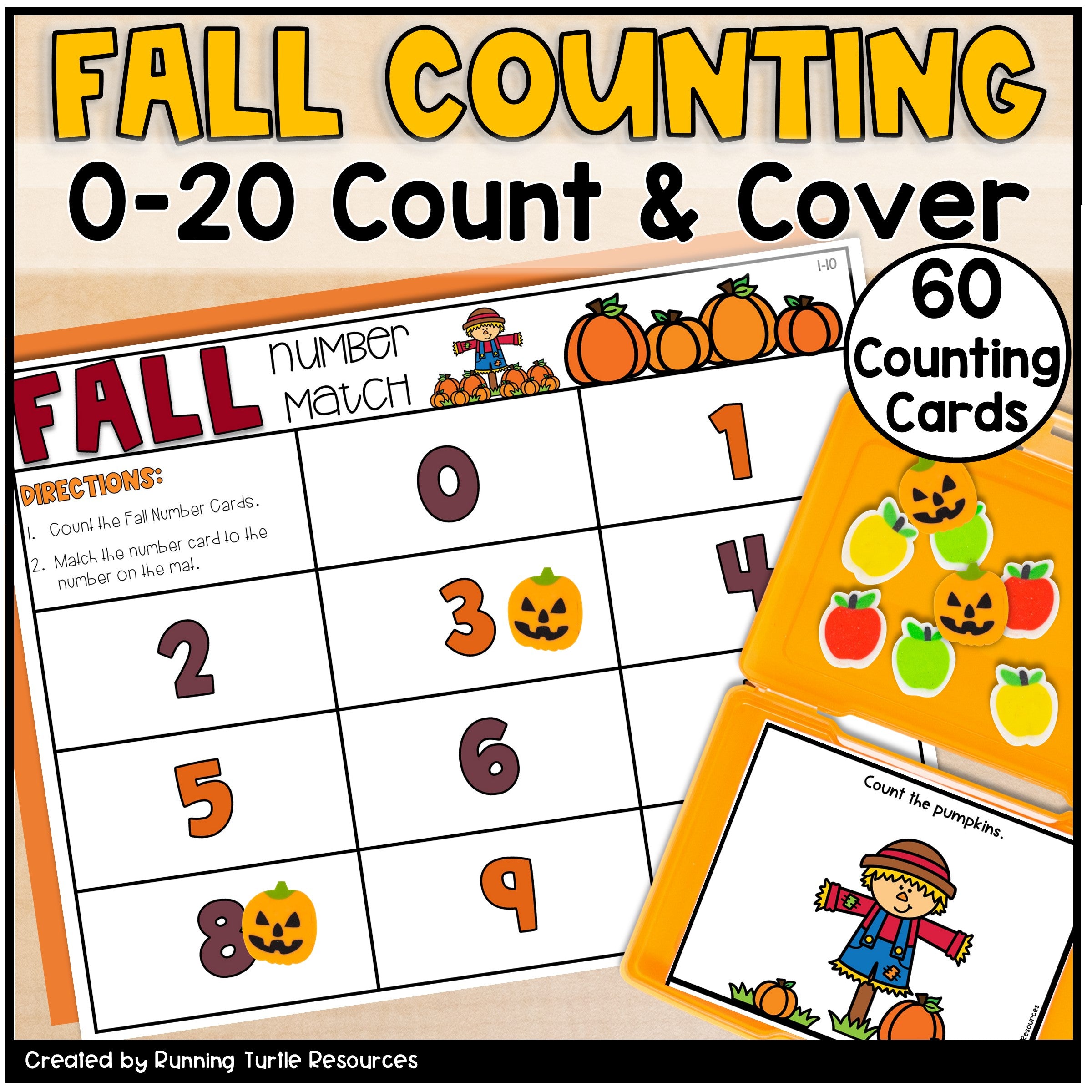 Fall-themed counting activity with number matching and counting cards.