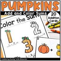 Image of a Color the Sum Pumpkin Themed page and a task card with visual pumpkins for children to add