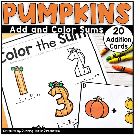 Image of a Color the Sum Pumpkin Themed page and a task card with visual pumpkins for children to add