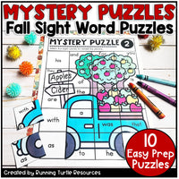 Educational fall-themed sight word puzzle with crayons and flowers on a white background