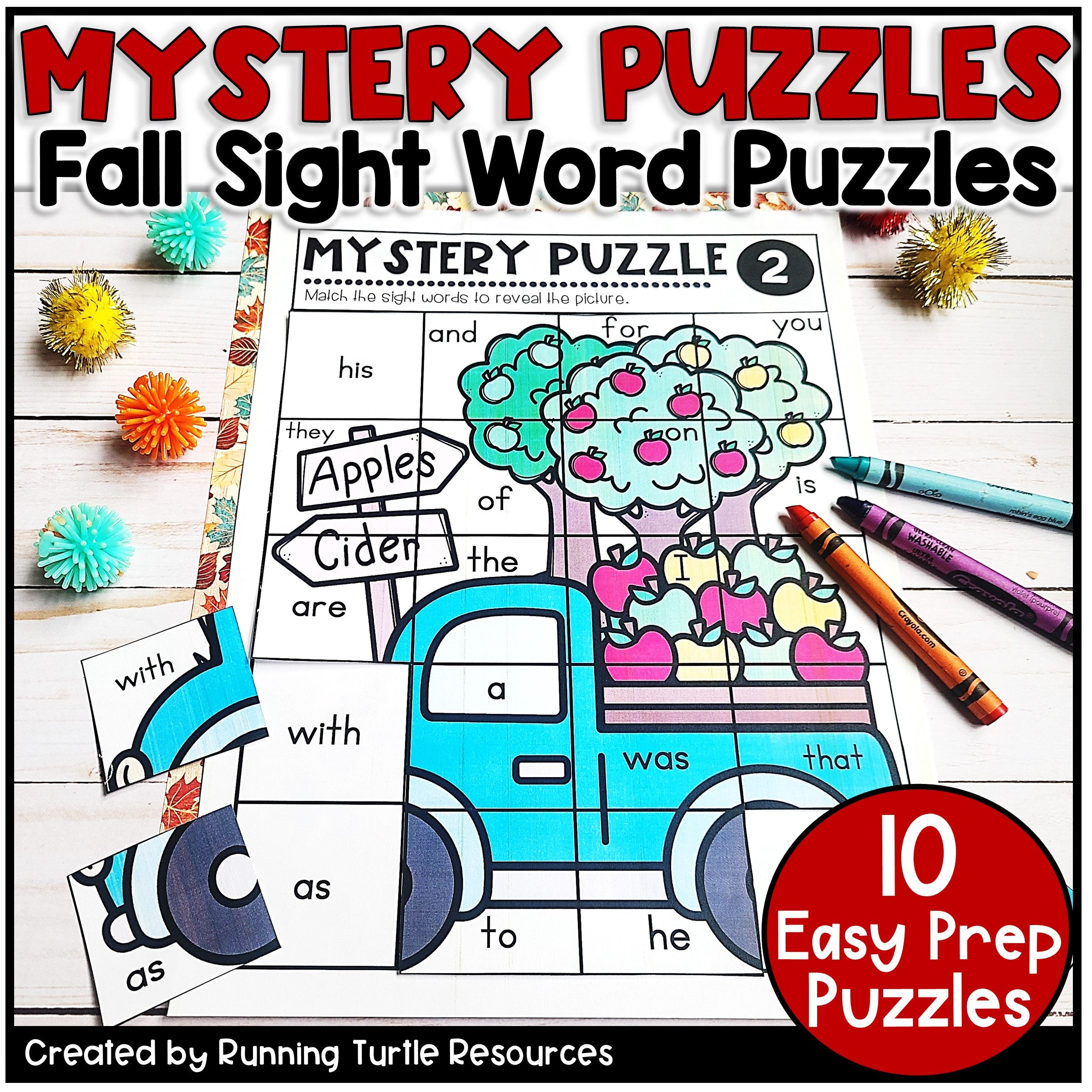 Educational fall-themed sight word puzzle with crayons and flowers on a white background