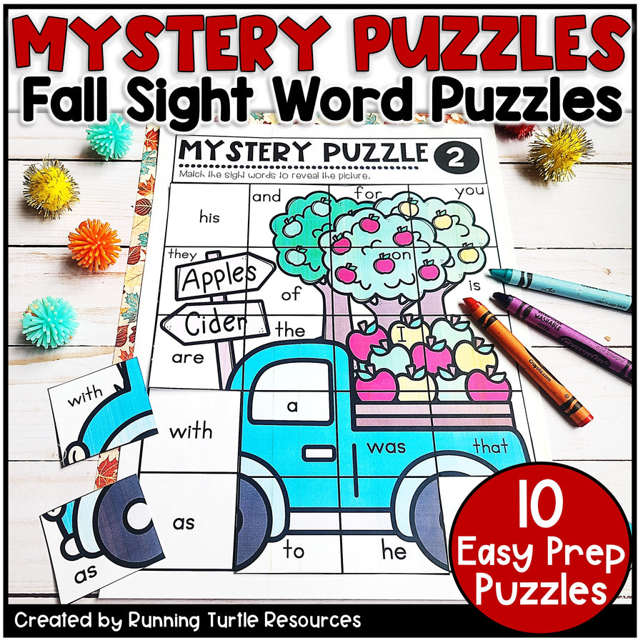 Educational fall-themed sight word puzzle with crayons and flowers on a white background
