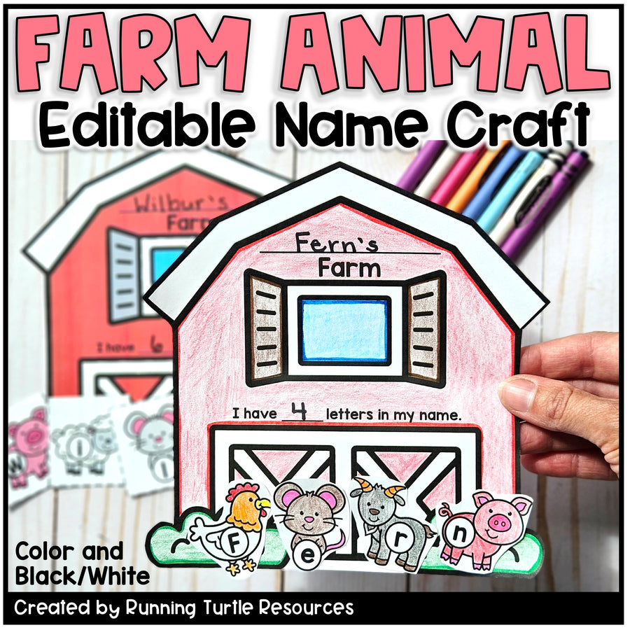 Promotional image for 'Farm Animal Name Craft' showing a colorful barn template with editable name craft elements, including letters shaped as animals and a hand holding a marker.