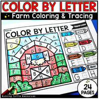 Image of a barn on a farm with letter codes for students to color, including letter tracing.