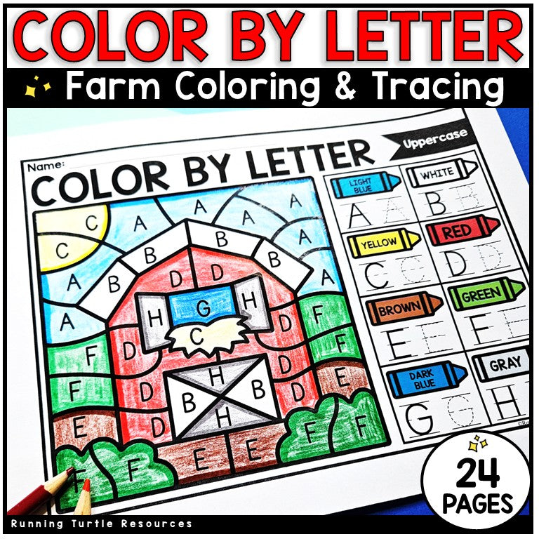 Image of a barn on a farm with letter codes for students to color, including letter tracing.