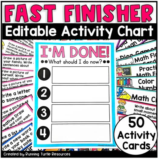 Promotional image for 'I'm done! Early Finisher Chart with Fast Finisher Activity Cards Editable' showing the product title, a 'Finish the Sentence' game board, and 50 activity cards with various classroom tasks.