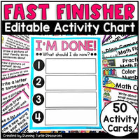 Promotional image for 'I'm done! Early Finisher Chart with Fast Finisher Activity Cards Editable' showing the product title, a 'Finish the Sentence' game board, and 50 activity cards with various classroom tasks.