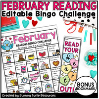 Promotional Image with a February Reading Bingo Challenge with words and pictures, as well as a colorful bookmark that says "Read your heart out!".