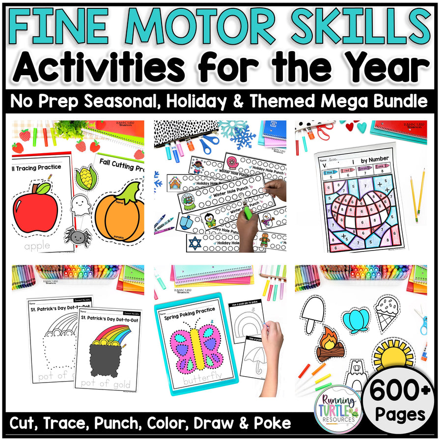 Collection of educational activities for fine motor skills with seasonal and holiday themes.