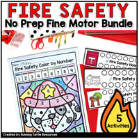 Fire safety educational materials with coloring and activity sheets on a white background.