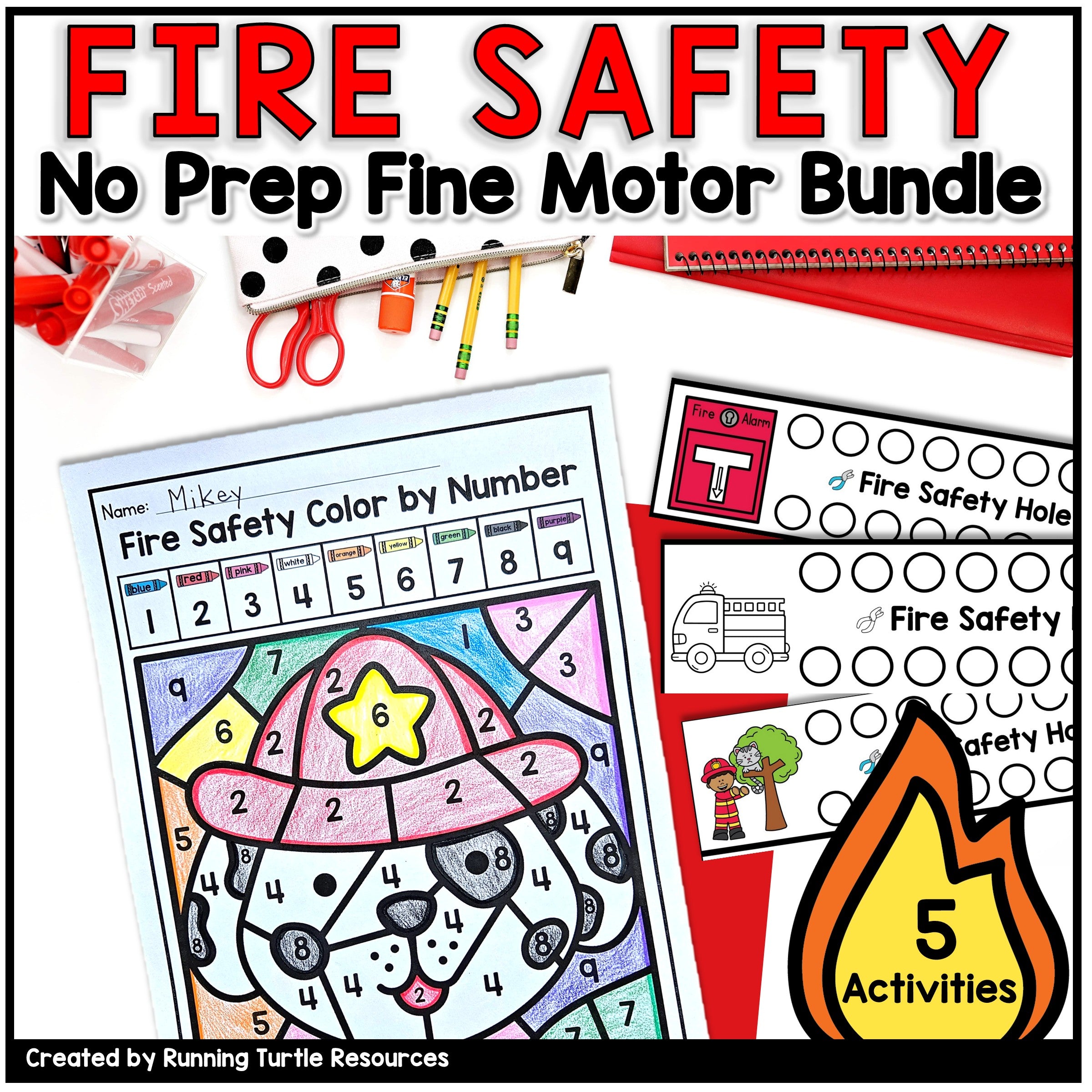 Fire safety educational materials with coloring and activity sheets on a white background.