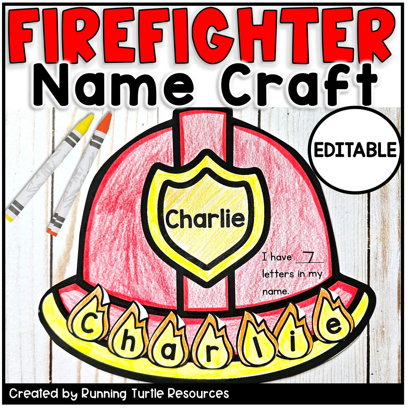 Photograph of a red and yellow firefighter hat with the name "Charlie" spelled on yellow and orange paper flames