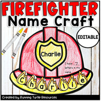 Photograph of a red and yellow firefighter hat with the name "Charlie" spelled on yellow and orange paper flames