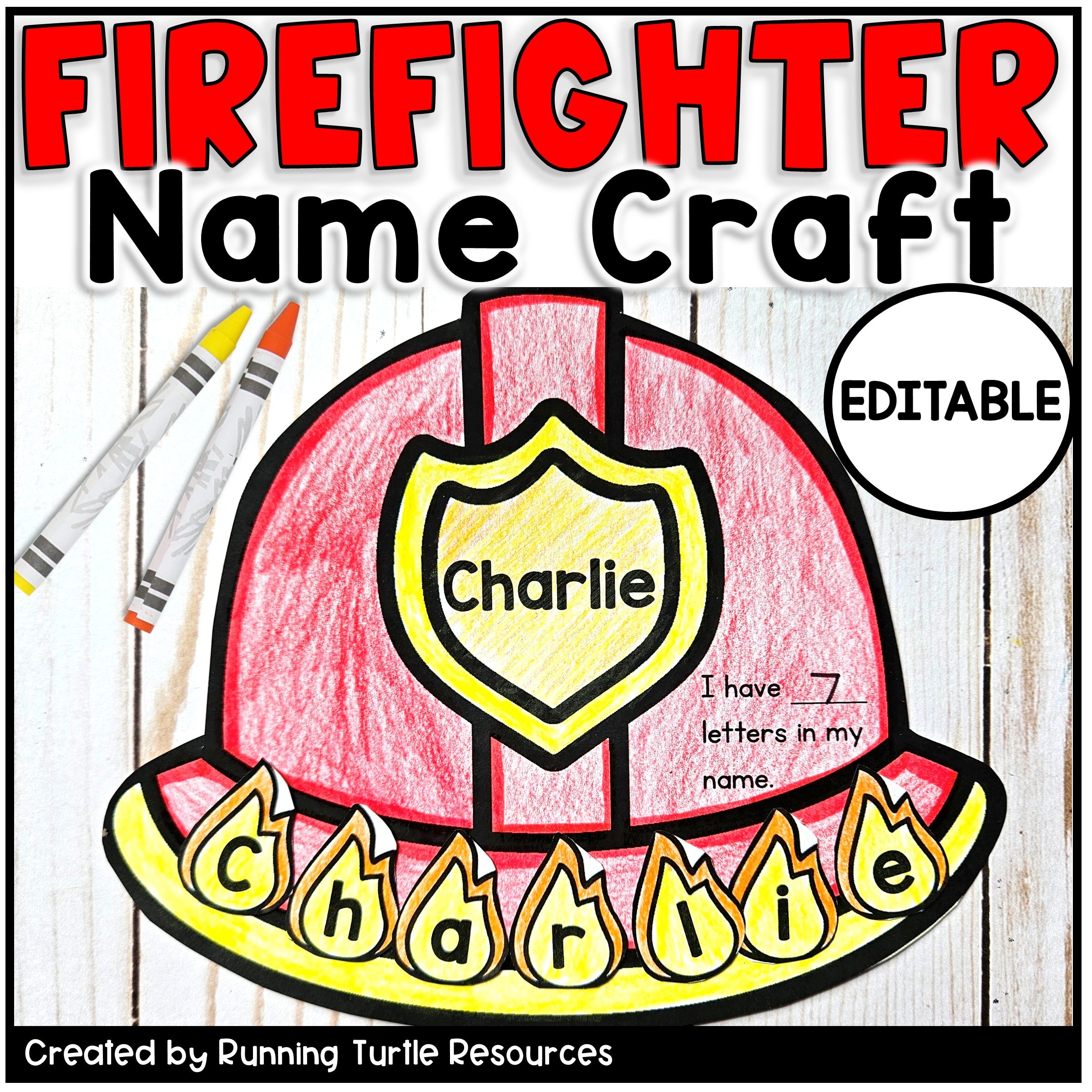Photograph of a red and yellow firefighter hat with the name "Charlie" spelled on yellow and orange paper flames