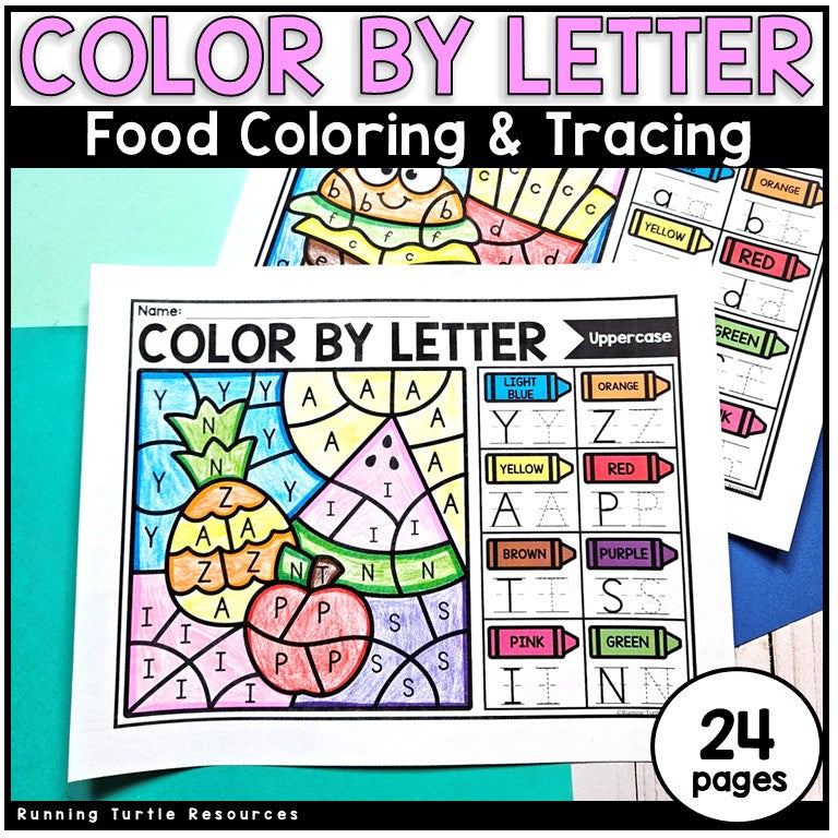 Photograph of a Color by Letter Page with fruit on it and coded with capital letters with 24 pages in the set.