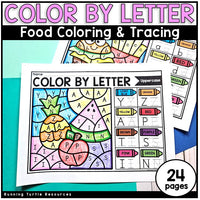 Photograph of a Color by Letter Page with fruit on it and coded with capital letters with 24 pages in the set.