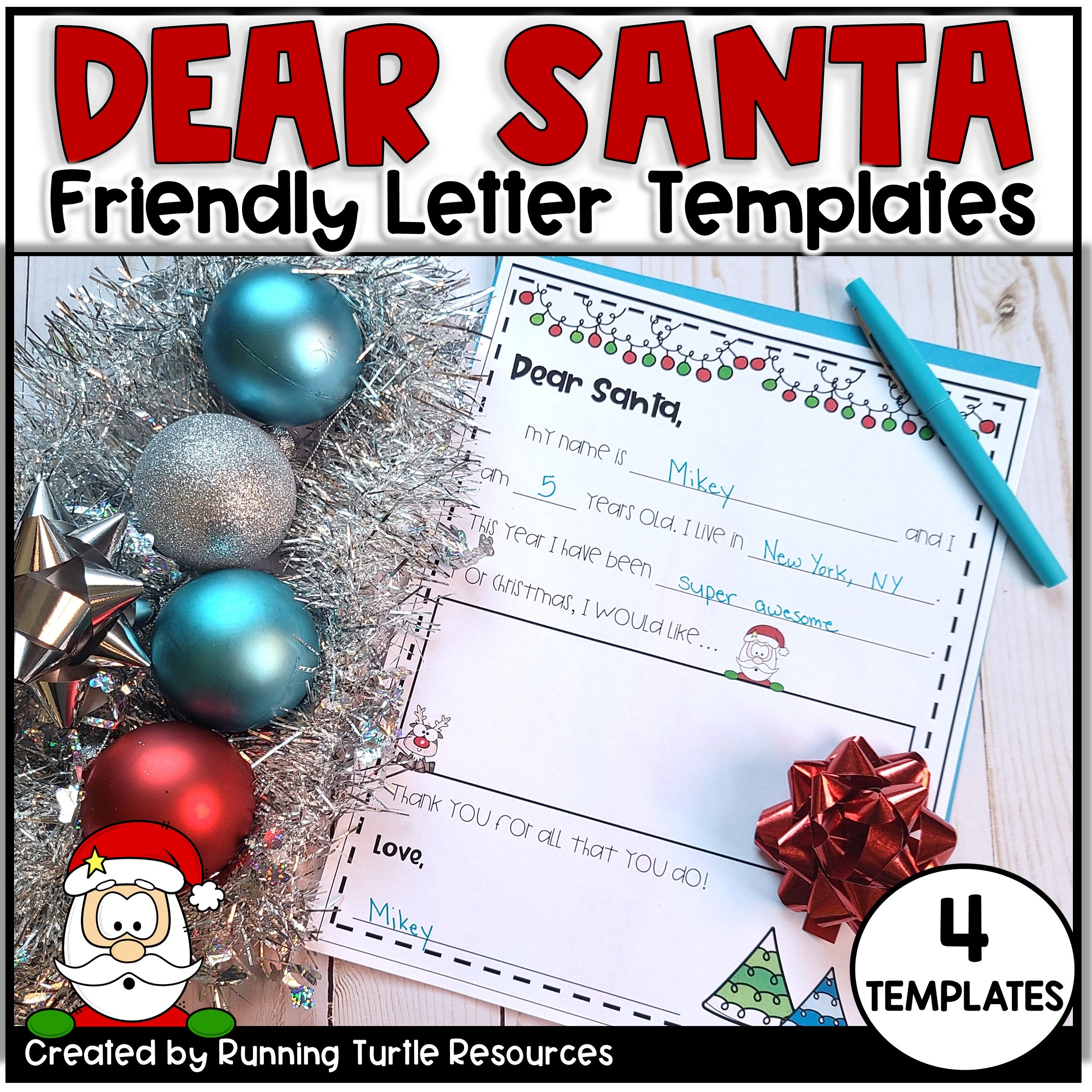 Dear Santa Friendly Letter Templates with Christmas decorations on a wooden surface