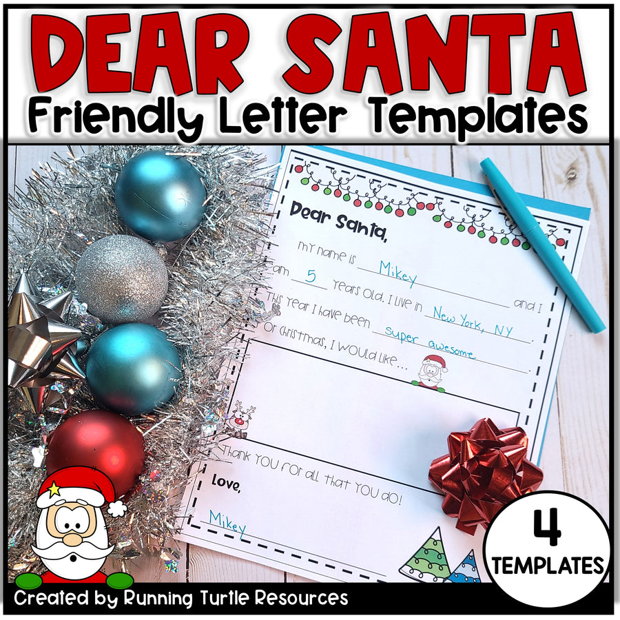 Dear Santa Friendly Letter Templates with Christmas decorations on a wooden surface