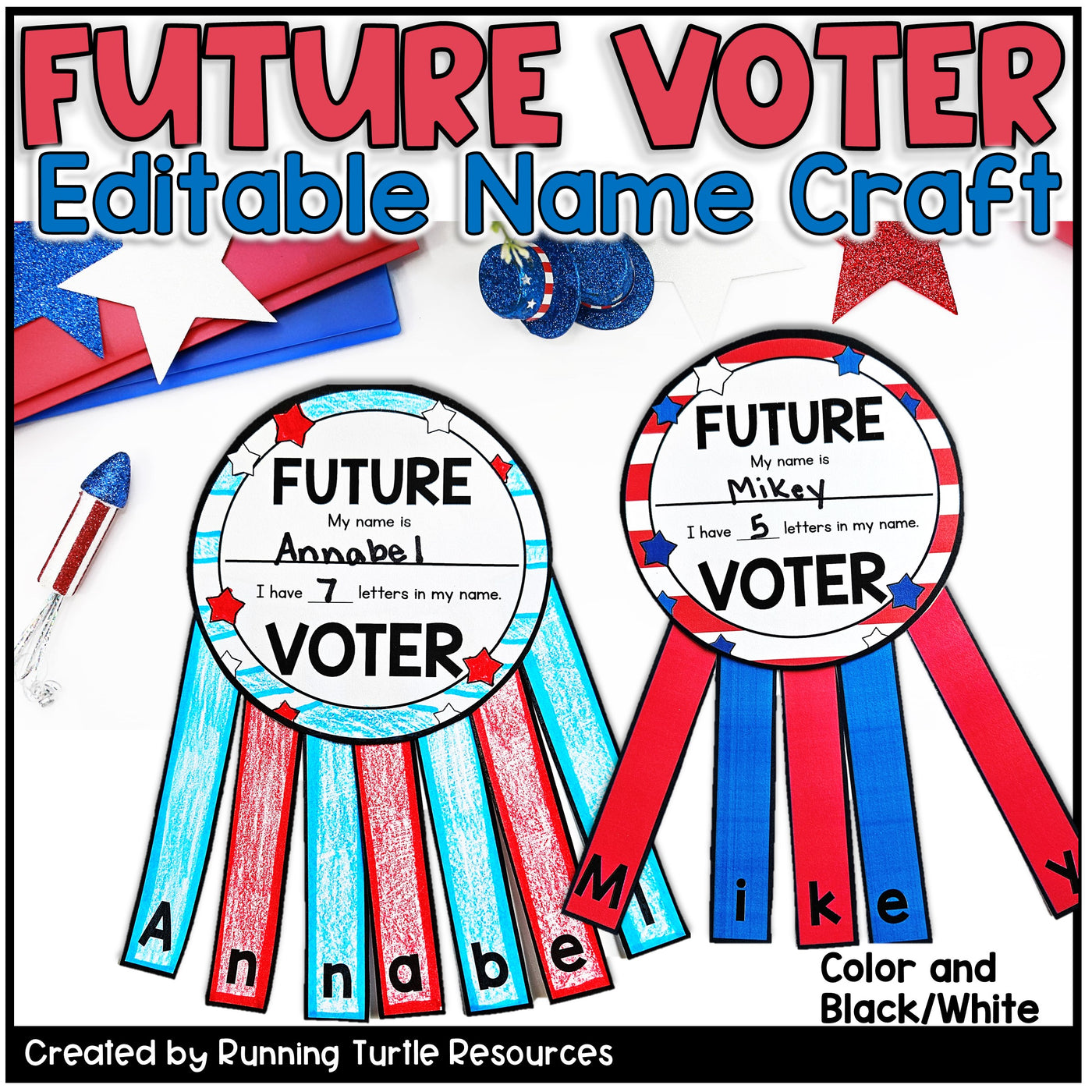 Promotional Image of Future Voter Name Tags with the names Annabel and Mikey in red, white and blue