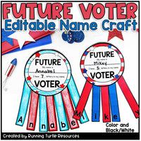 Promotional Image of Future Voter Name Tags with the names Annabel and Mikey in red, white and blue
