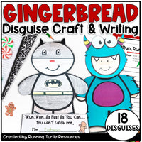 Gingerbread Disguise Craft & Writing activity with two characters in costumes and text about disguises.