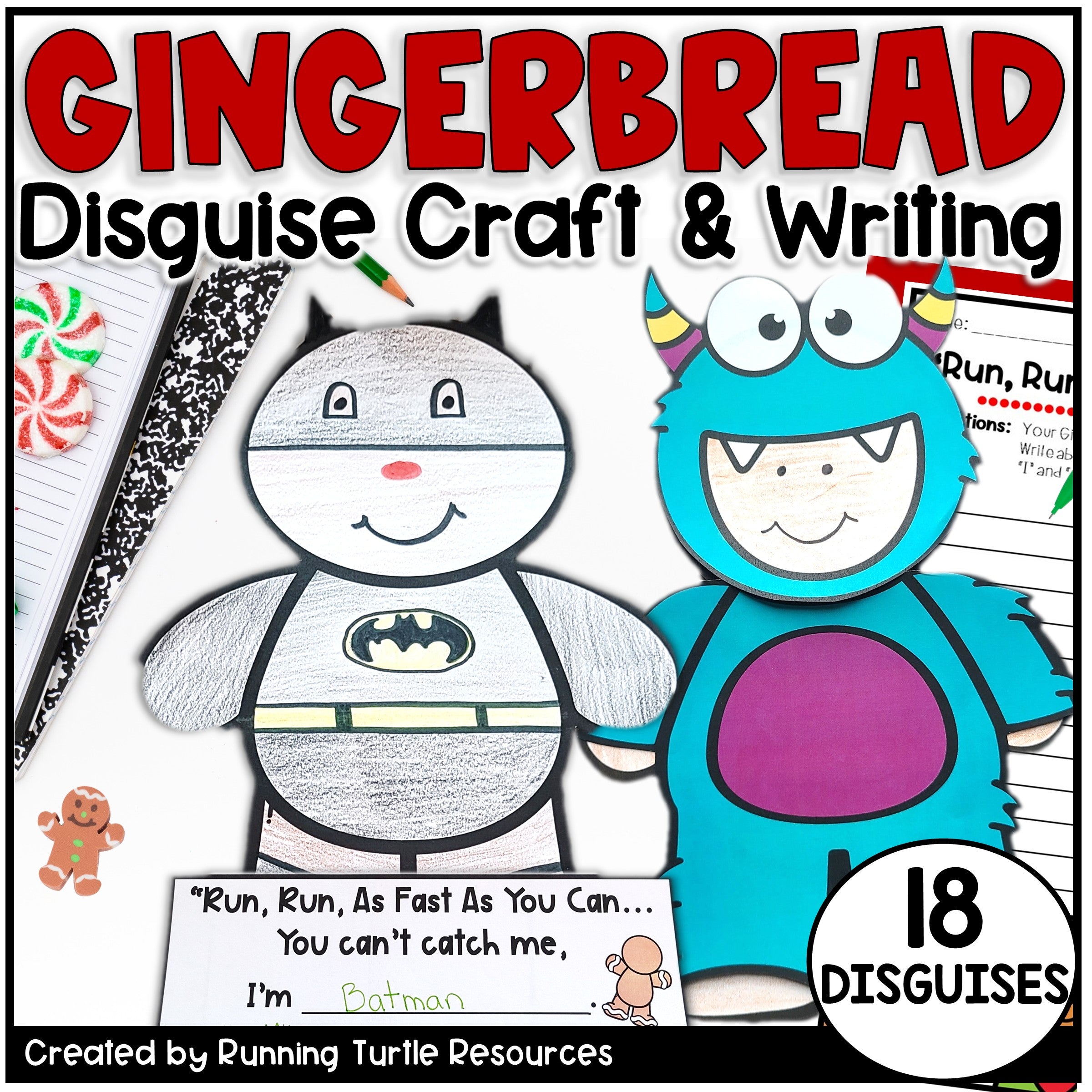 Gingerbread Disguise Craft & Writing activity with two characters in costumes and text about disguises.