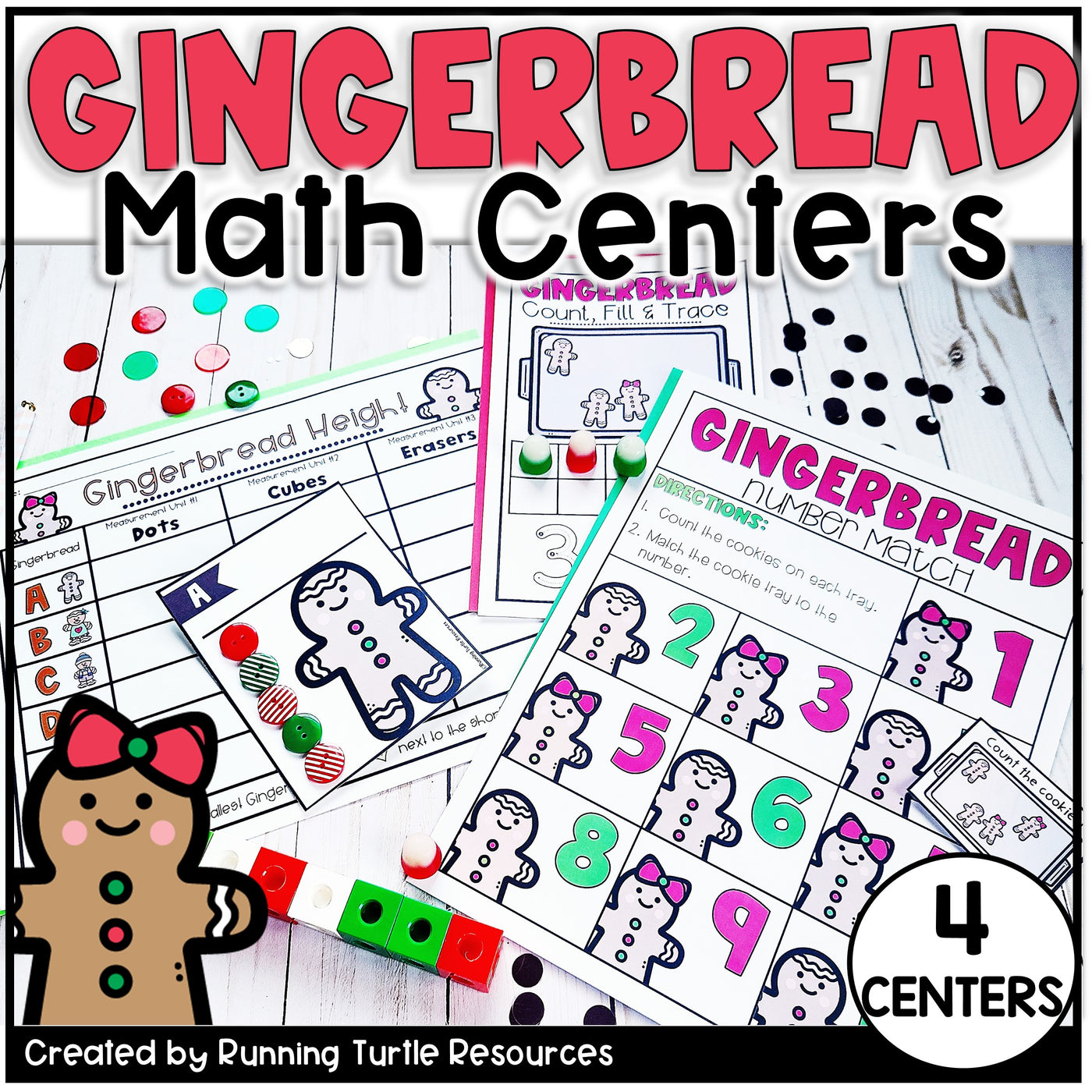 Gingerbread-themed math activity sheets with colorful numbers and graphics on a white background.